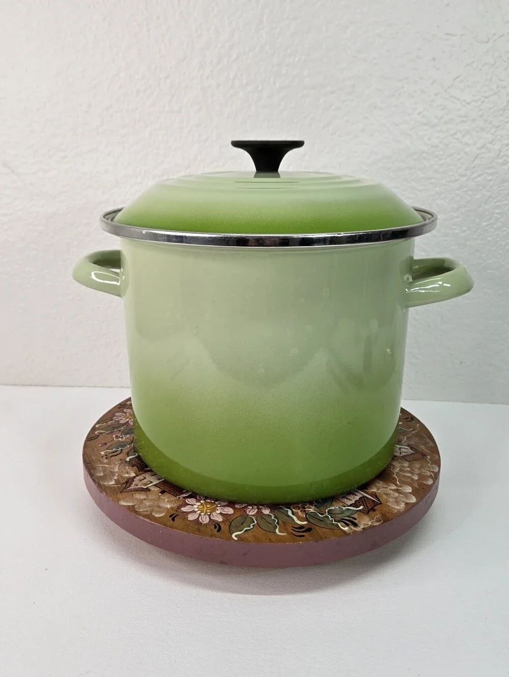 VTG Le Creuset Enamel on Steel Stockpot 6 Qt Green Soup Pot Pan w Lid Palm Ombre